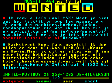 [Wanted - NOS Teletekst p. 404 19/07/1999]